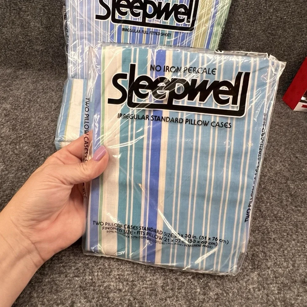 Full Size New Vintage Sheet Set Blue & White Stripes Sleepwell Fitted Flat Cases